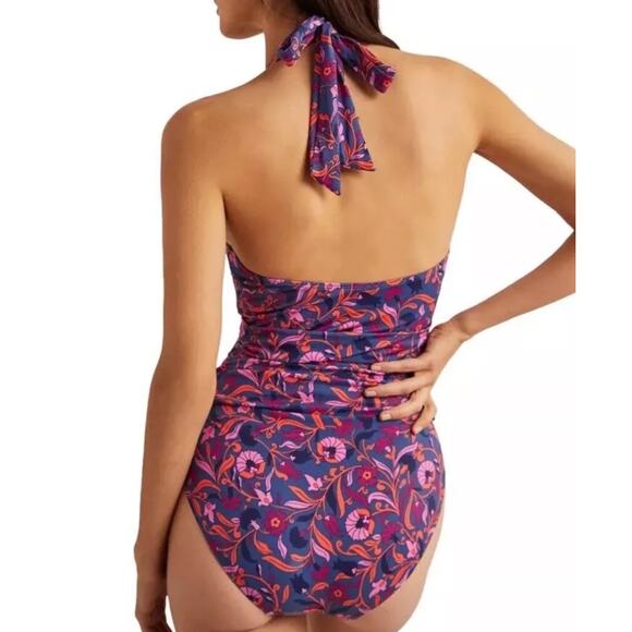 Boden | Swim NWT Levanoz Ruched One Piece Halter Purple and Pink Floral Size 6 - Picture 2 of 7